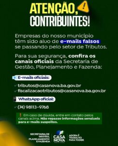 Casa Nova alerta contribuintes sobre e-mails falsos em nome do setor de Tributos  
