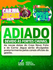 Prefeitura de Casa Nova anuncia adiamento do Carnaval devido às fortes chuvas