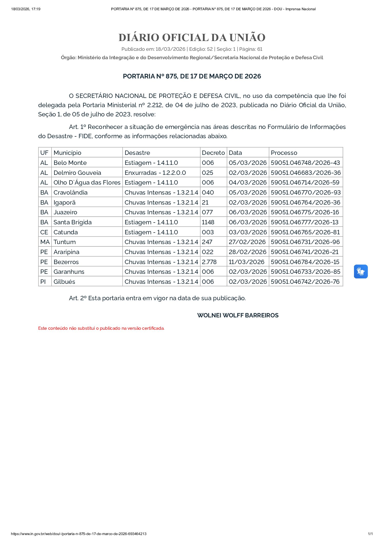 Defesa Civil Nacional reconhece situação de emergência em Juazeiro após chuvas intensas