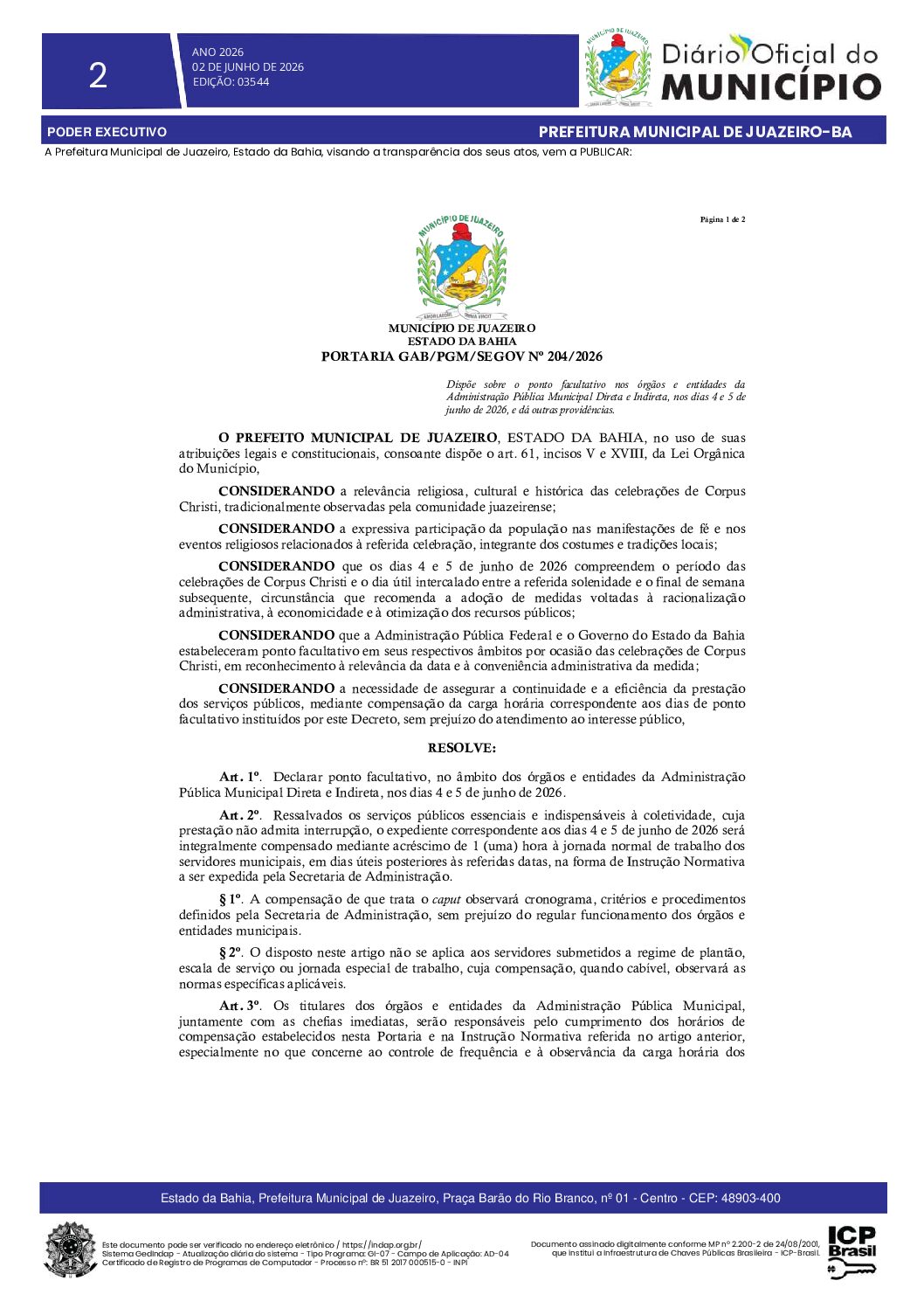 Prefeitura de Juazeiro decreta ponto facultativo nos dias 4 e 5 de junho em razão das celebrações de Corpus Christi 