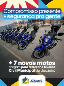 A Prefeitura de Juazeiro, por meio da Secretaria de Segurança Cidadã (SSC), realiza nesta segunda-feira (8) a entrega de sete novas motocicletas que irão reforçar as ações de segurança pública no município