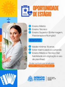 Prefeitura de Senhor do Bonfim abre vaga de estágio para a Secretaria de Saúde para os níveis médio, técnico e superior 